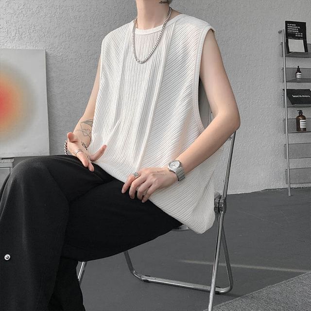 Freehop-Crew Neck Plain Ribbed Tank Top