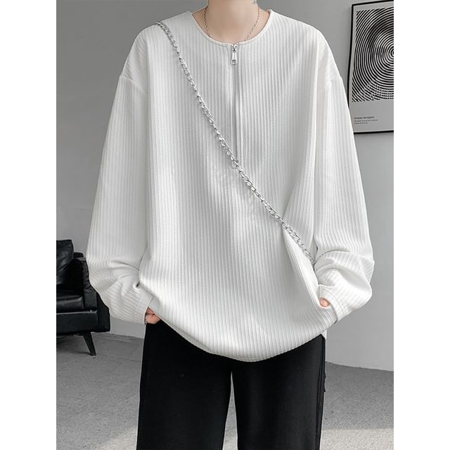 Freehop-Crewneck Half Zip Plain Sweatshirt