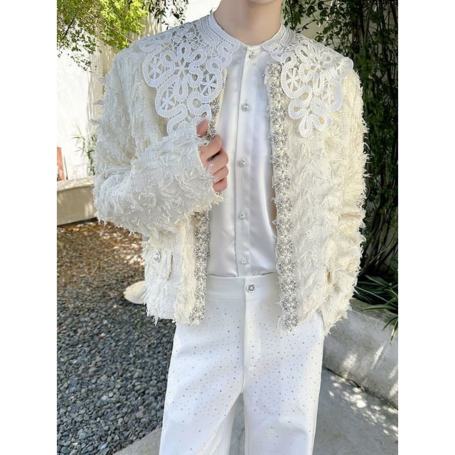 Freehop-Crewneck Lace Button-Up Jacket
