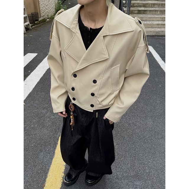 Freehop-Double Breasted Plain Crop Trench Coat