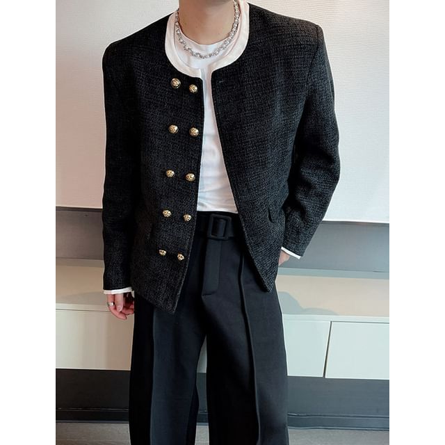 Freehop-Double Breasted Tweed Jacket