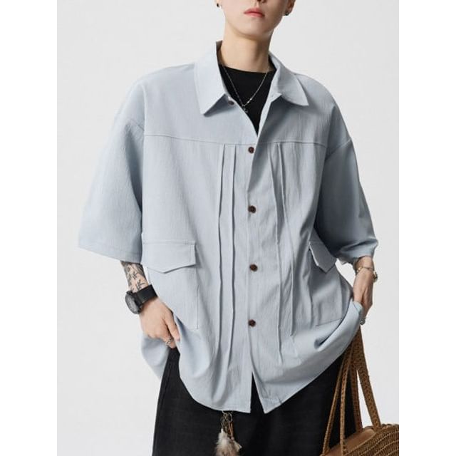 Freehop-Elbow-Sleeve Button-Up Plain Shirt