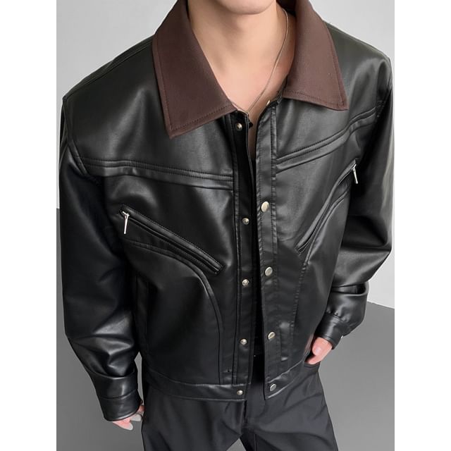 Freehop-Faux Leather Collared Button-Up Jacket