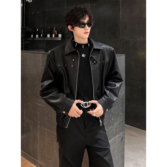 Freehop-Faux Leather Collared Zip-Up Jacket