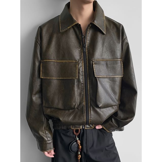 Freehop-Faux Leather Collared Zip-Up Jacket