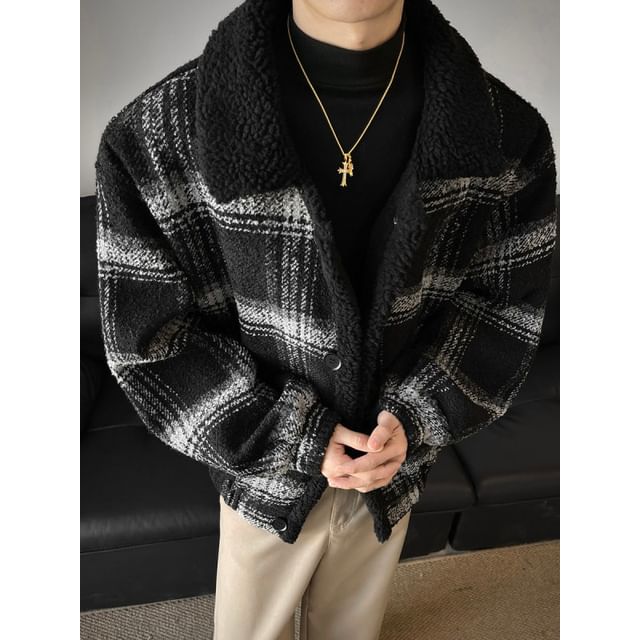 Freehop-Fleece Collared Plaid Button Up Jacket