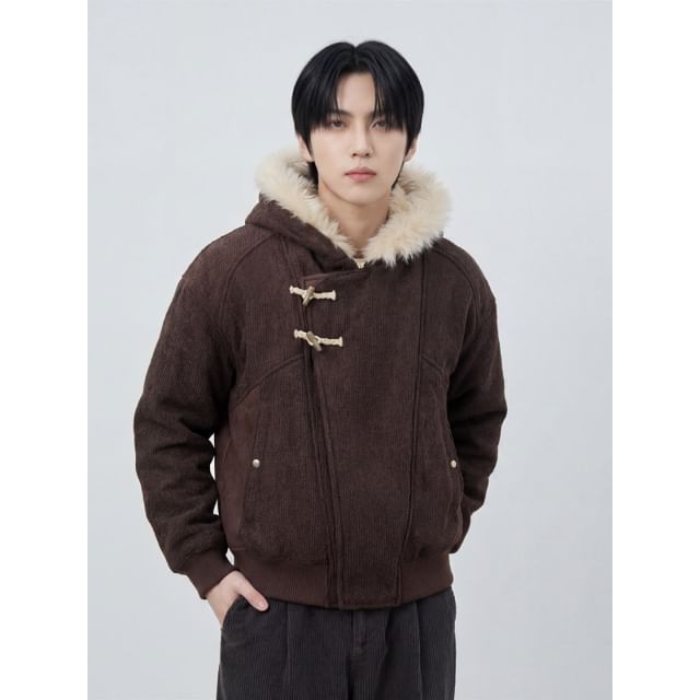 Freehop-Fluffy Hooded Plain Toggle Jacket