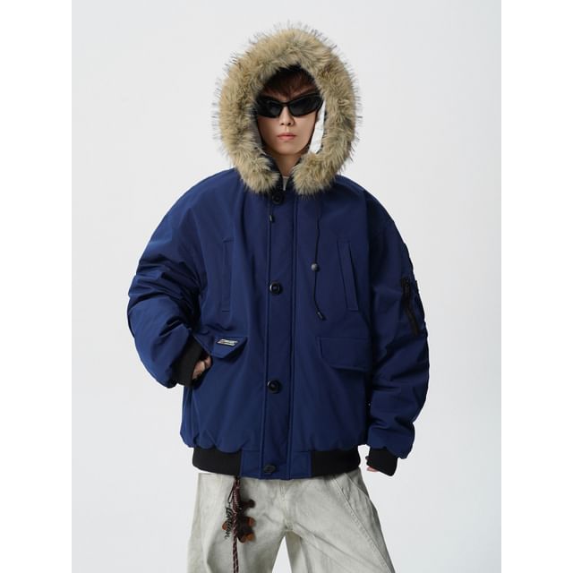 Freehop-Fluffy Trim Hooded Plain Button Up Puffer Jacket
