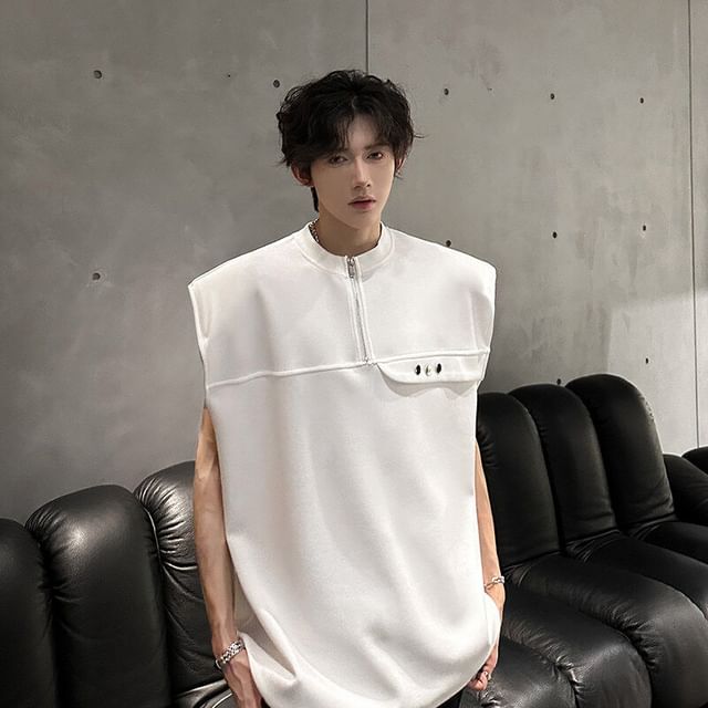 Freehop-Half-Zip Plain Tank Top