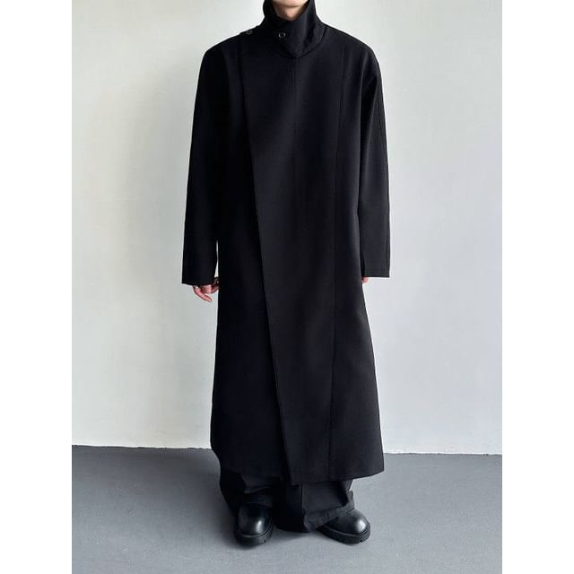 Freehop-High Neck Zip-Up Plain Long Coat
