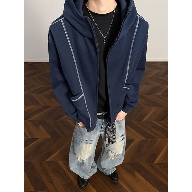 Freehop-Hooded Contrast Trim Zip Jacket