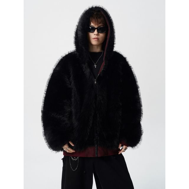 Freehop-Hooded Fleece Plain Zip Jacket