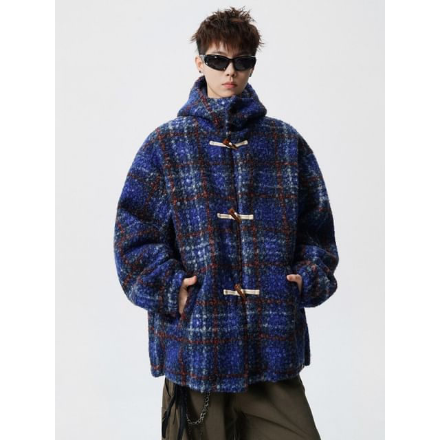 Freehop-Hooded Plaid Toggle Fleece Coat