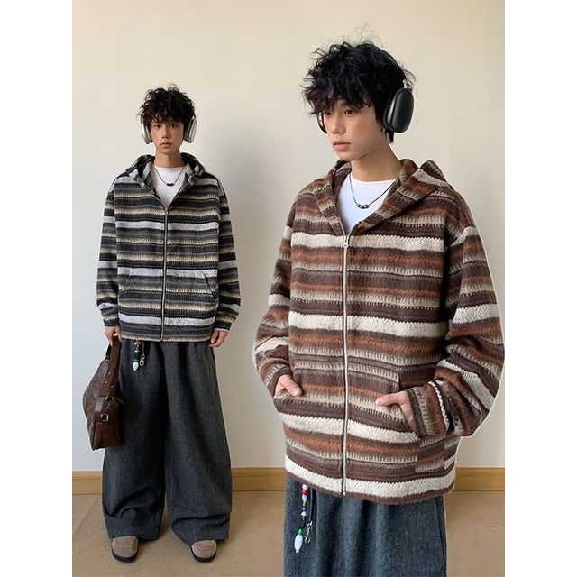 Freehop-Hooded Striped Zip-Up Jacket