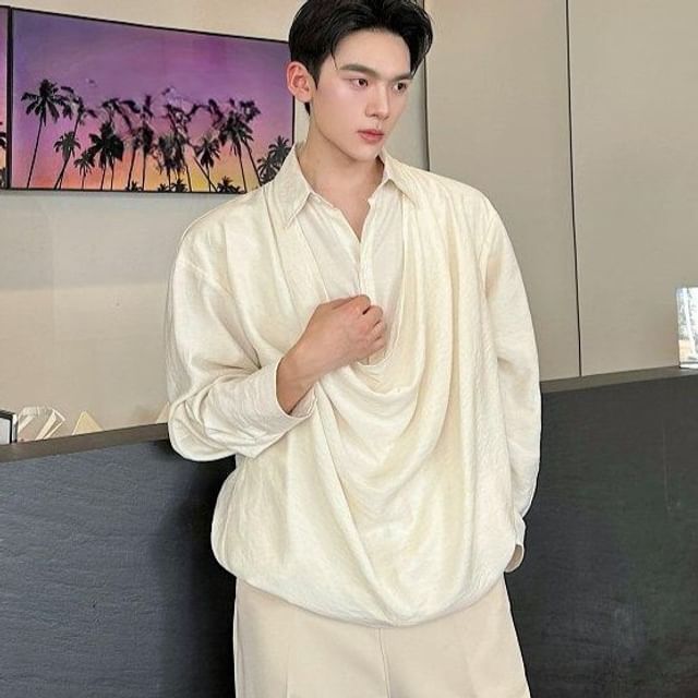 Freehop-Long Sleeve Collared Plain Draped Shirt