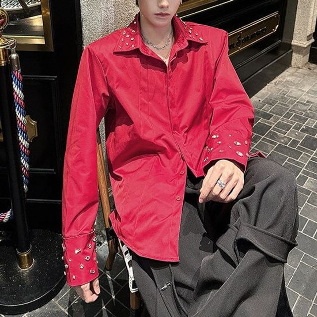 Freehop-Long Sleeve Collared Plain Rhinestone Shirt