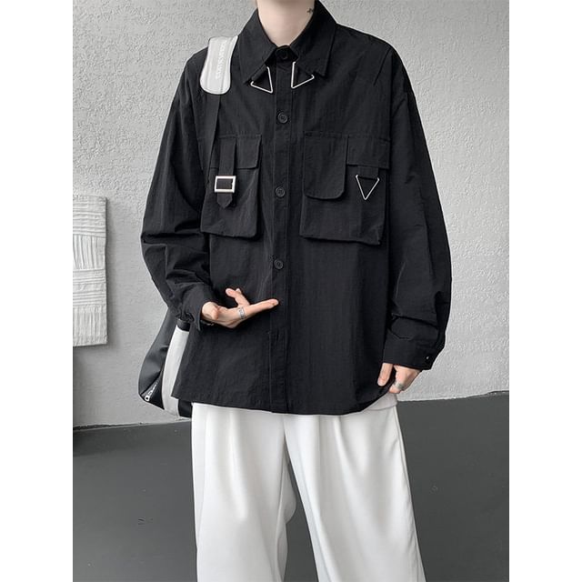 Freehop-Long-Sleeve Pocketed Plain Shirt