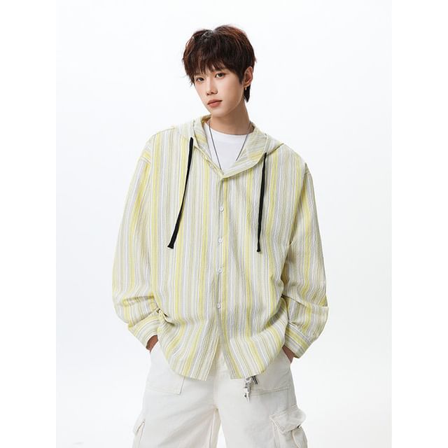 Freehop-Long Sleeve Striped Hooded Button Top