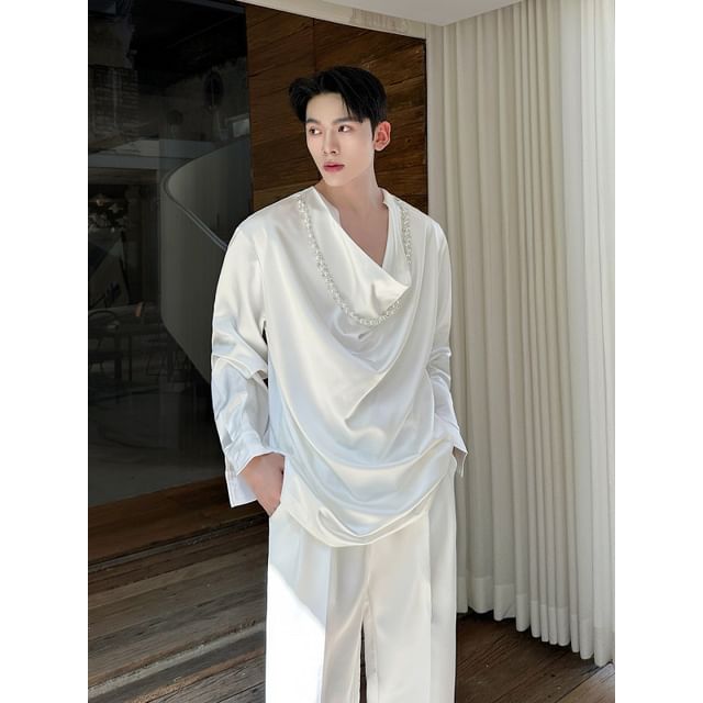 Freehop-Long-Sleeve V-Neck Draped Plain Top