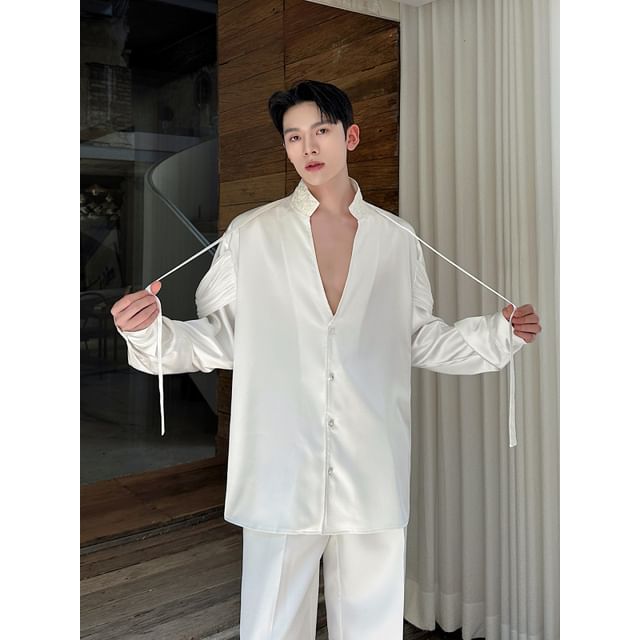 Freehop-Long-Sleeve V-Neck Plain Shirt