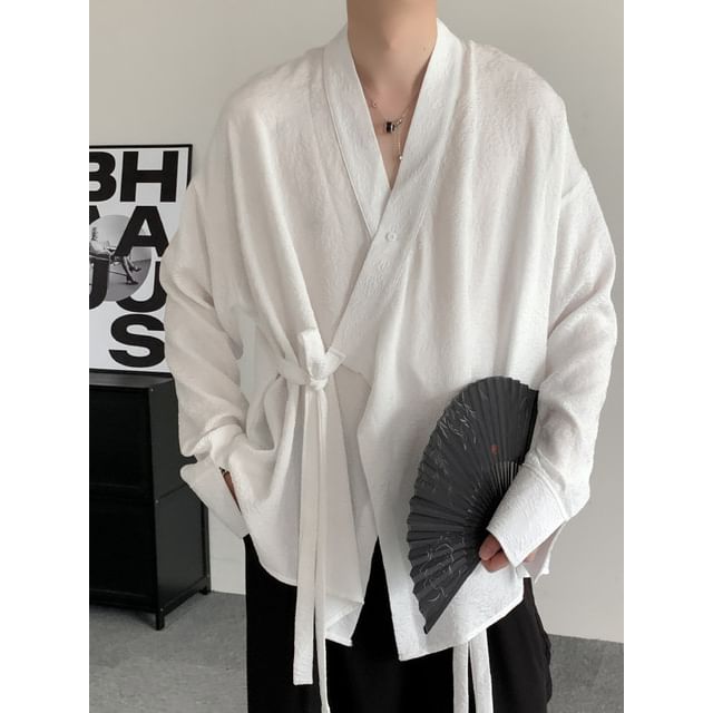 Freehop-Long-Sleeve Wrapped Plain Shirt