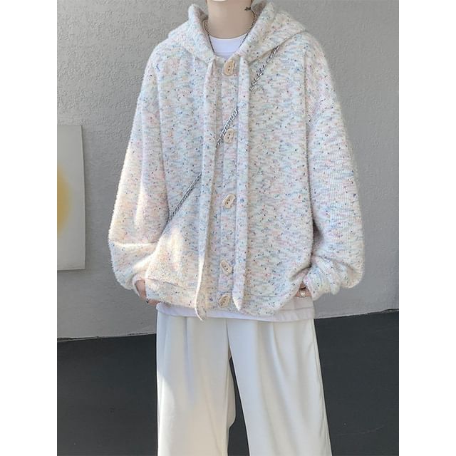 Freehop-Melange Hooded Button-Up Cardigan