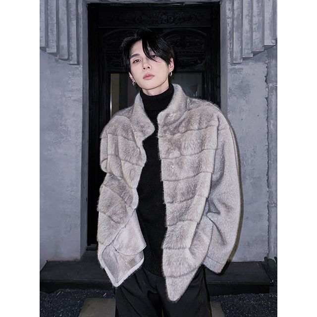 Freehop-Mock Neck Faux Fur Zip-Up Jacket