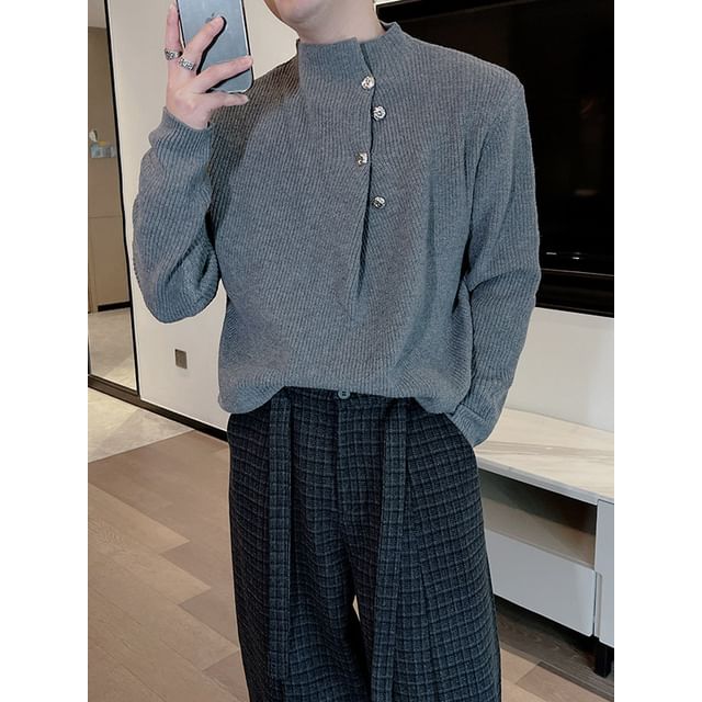 Freehop-Mock Neck Plain Ribbed Knit Sweater