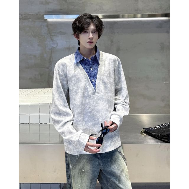 Freehop-Mock Two-Piece Plaid Collar Sweatshirt