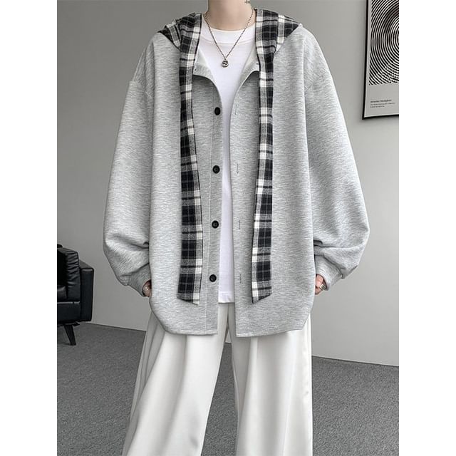 Freehop-Plaid Scarf Hooded Button-Up Jacket