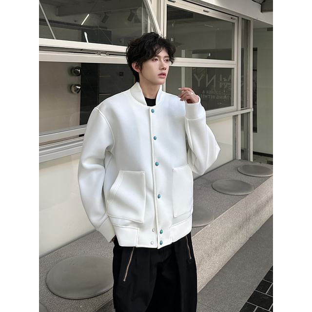 Freehop-Plain Button-Up Baseball Jacket