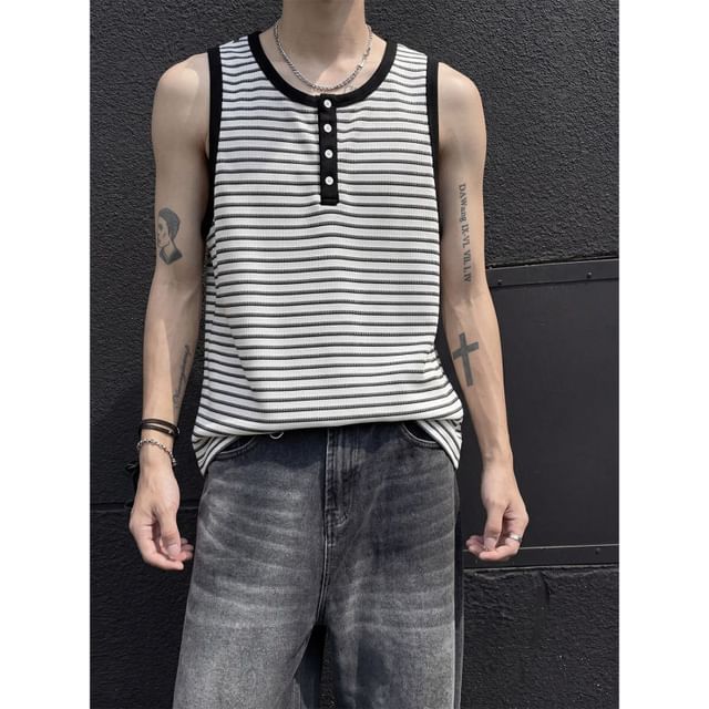 Freehop-Round Neck Striped Button Tank Top