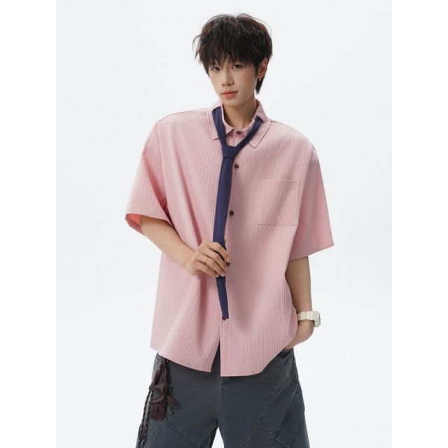 Freehop-Short Sleeve Collared Plain Necktie Shirt