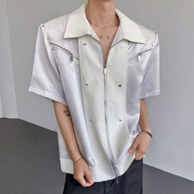 Freehop-Short Sleeve Collared Studded Panel Zip Shirt