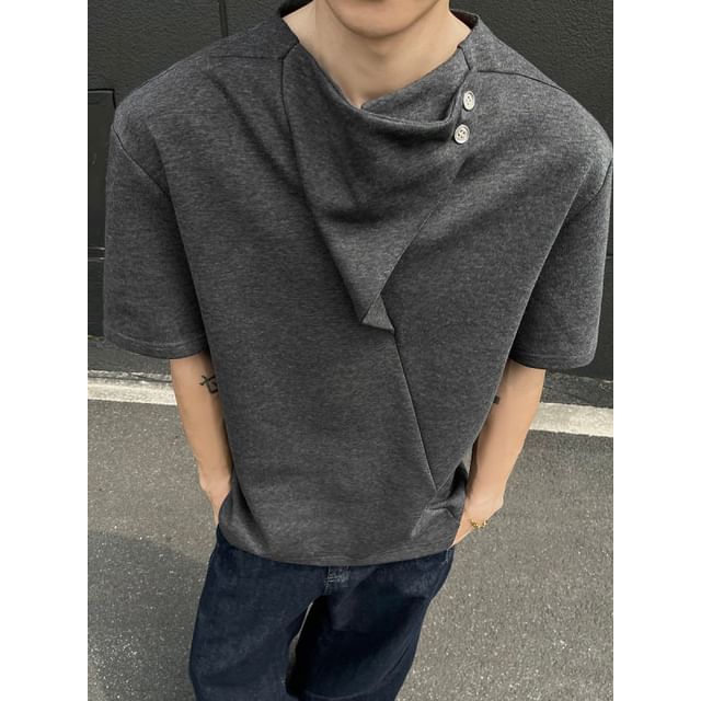 Freehop-Short Sleeve Cowl Neck Plain Panel Button Top