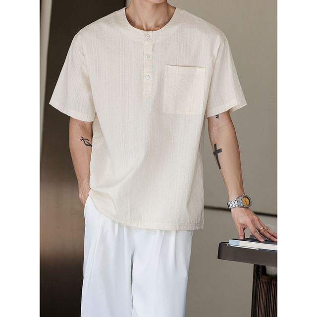 Freehop-Short Sleeve Henley Plain Patch Pocket Top