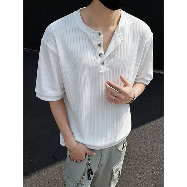 Freehop-Short Sleeve Henley Plain Ribbed Top