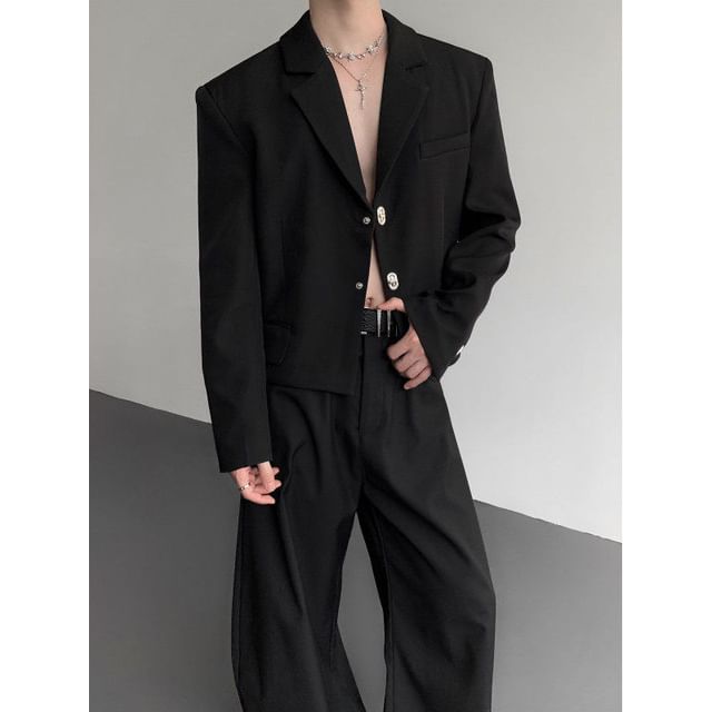 Freehop-Shoulder Pad Button-Up Crop Blazer