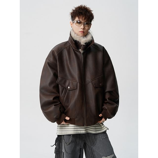 Freehop-Stand Collar Faux Leather Zip Jacket