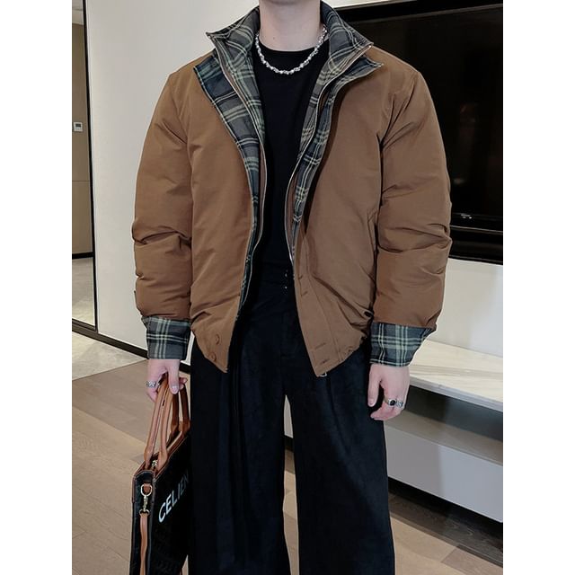 Freehop-Stand Collar Plaid Panel Puffer Jacket