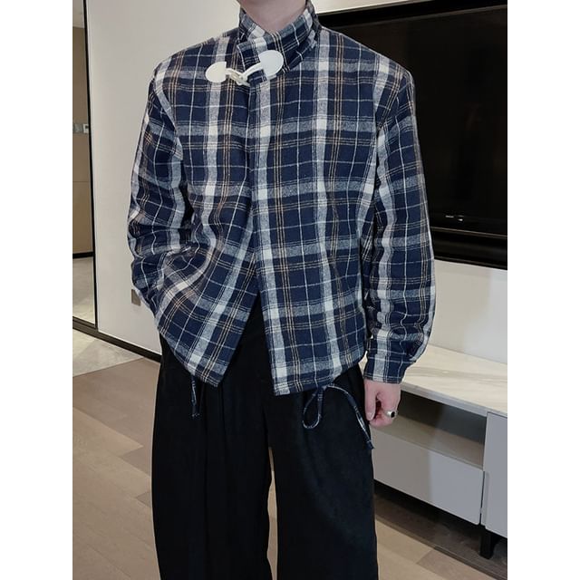 Freehop-Stand Collar Plaid Shirt Jacket