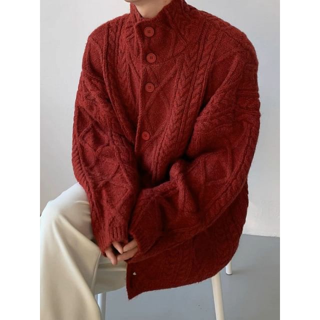 Freehop-Stand Collar Plain Cable Knit Button Up Cardigan
