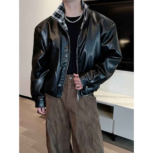 Freehop-Stand Collar Plain Faux Leather Zip Jacket