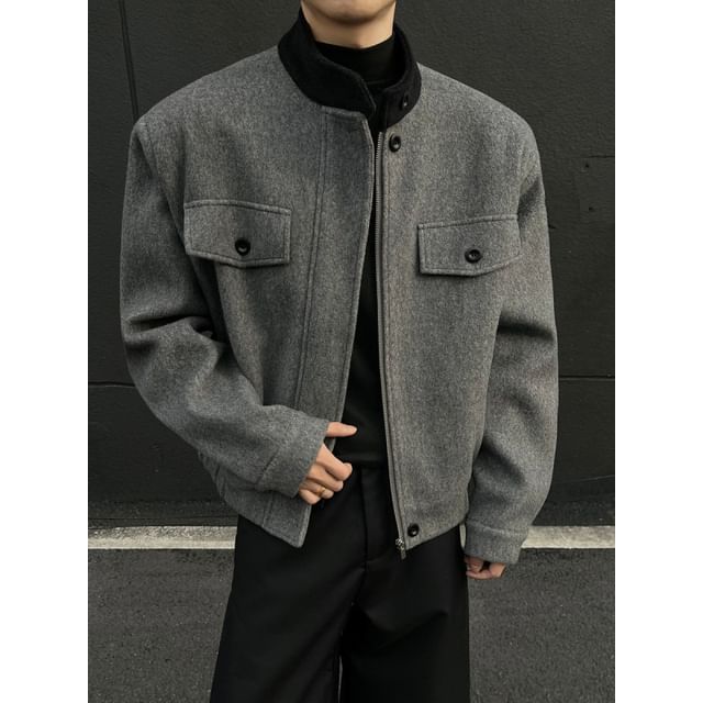 Freehop-Stand Collar Plain Zip Jacket