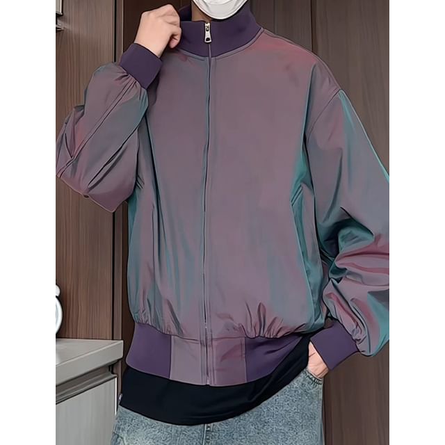 Freehop-Stand Collar Zip-Up Bomber Jacket