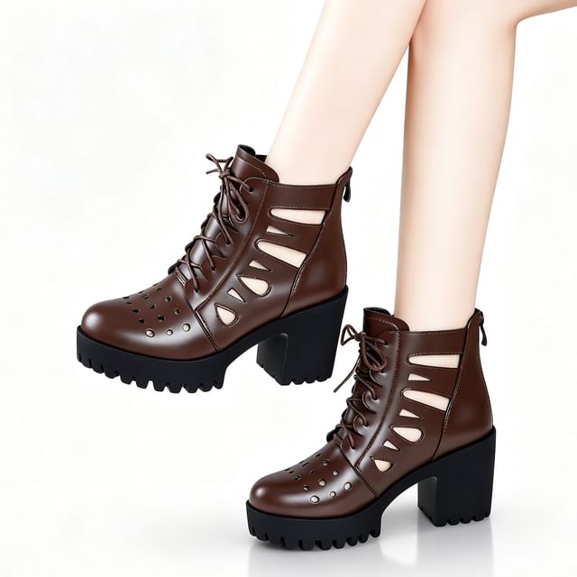 Freesia-Block Heel Lace-Up Perforated High Top Sandals