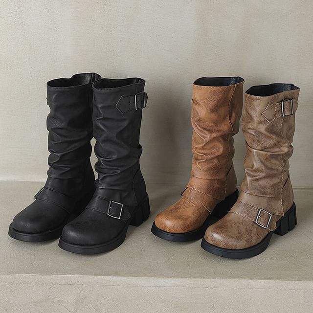 Freesia-Buckled Chunky Heel Mid-Calf Boots