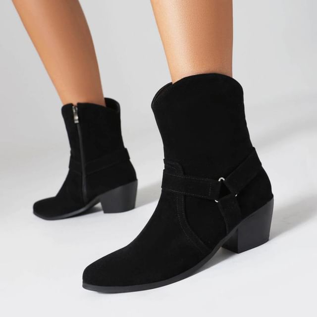 Freesia-Buckled Chunky Heel Short Boots