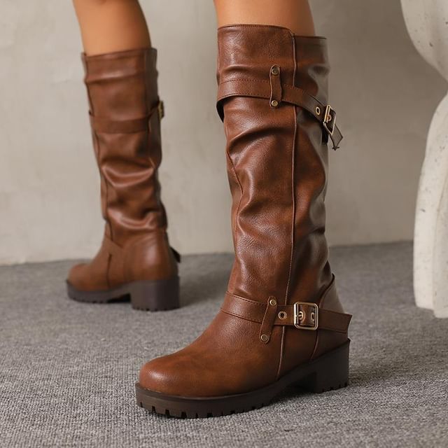 Freesia-Buckled Chunky Heel Tall Boots