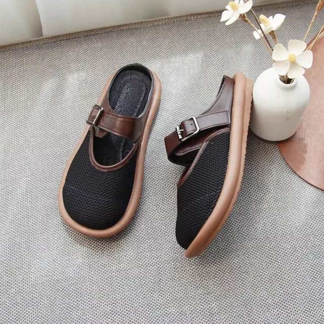 Freesia-Faux Leather Panel Mesh Mary Jane Mules